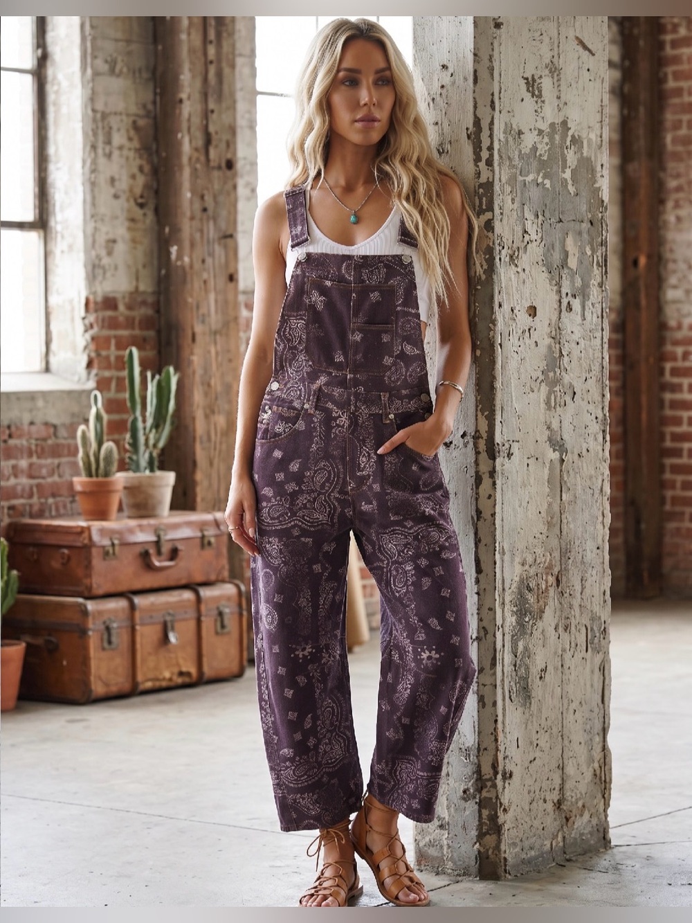 NWT Eesome Mineral Washed Paisley Boho Bandana Print Overalls Jumpsuit Jumper - Picture 6 of 8